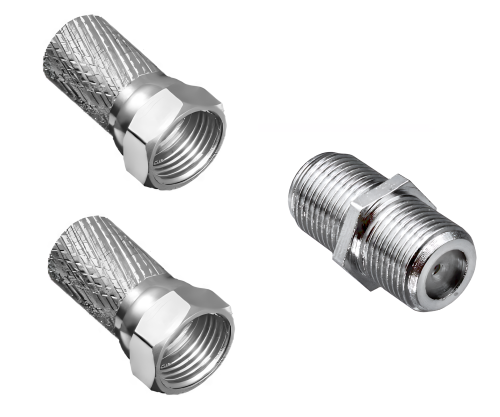 Satellite Cable Connector Set, 2x F-Connector + Coupling. 2x 7.3mm F-connectors with one connector in the set